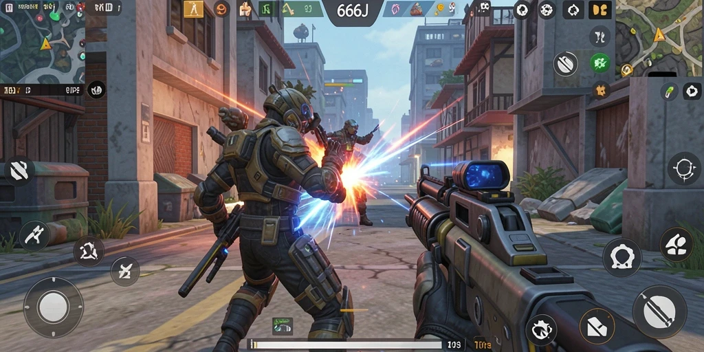 Gameplay seru dalam 666J dengan aksi tembak-menembak yang mendebarkan.
