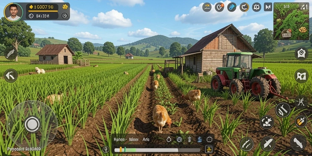 Screenshot gameplay COO77 menunjukkan ladang yang subur dan aktivitas bertani.