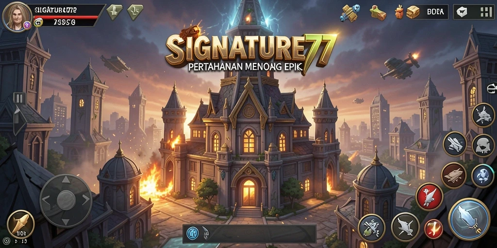 Tampilan menara dan musuh dalam gameplay SIGNATURE77.