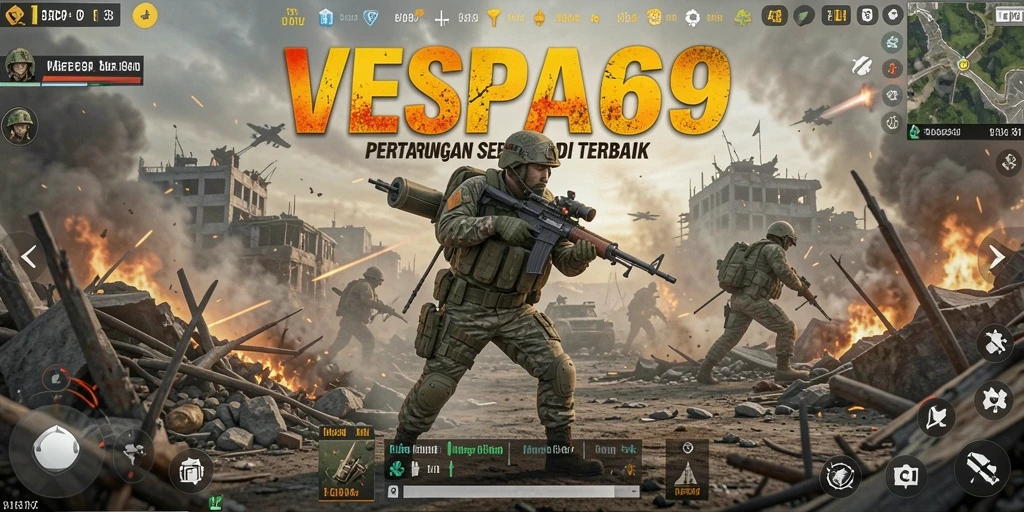 Tangkapan layar utama VESPA69 menampilkan aksi seru dari pertempuran Battle Royale.